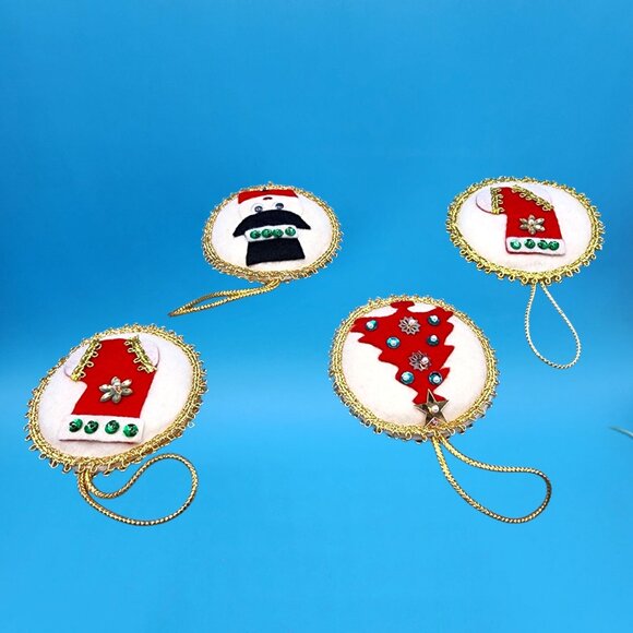 Vintage 1960s Felt Christmas Ornaments Stocking Tree Snowman Sequins Gold Trim - Picture 9 of 12